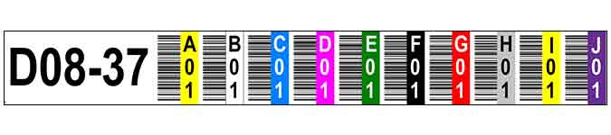 ONE2ID Regaletiketten mit Höhenfarben und Strichcode